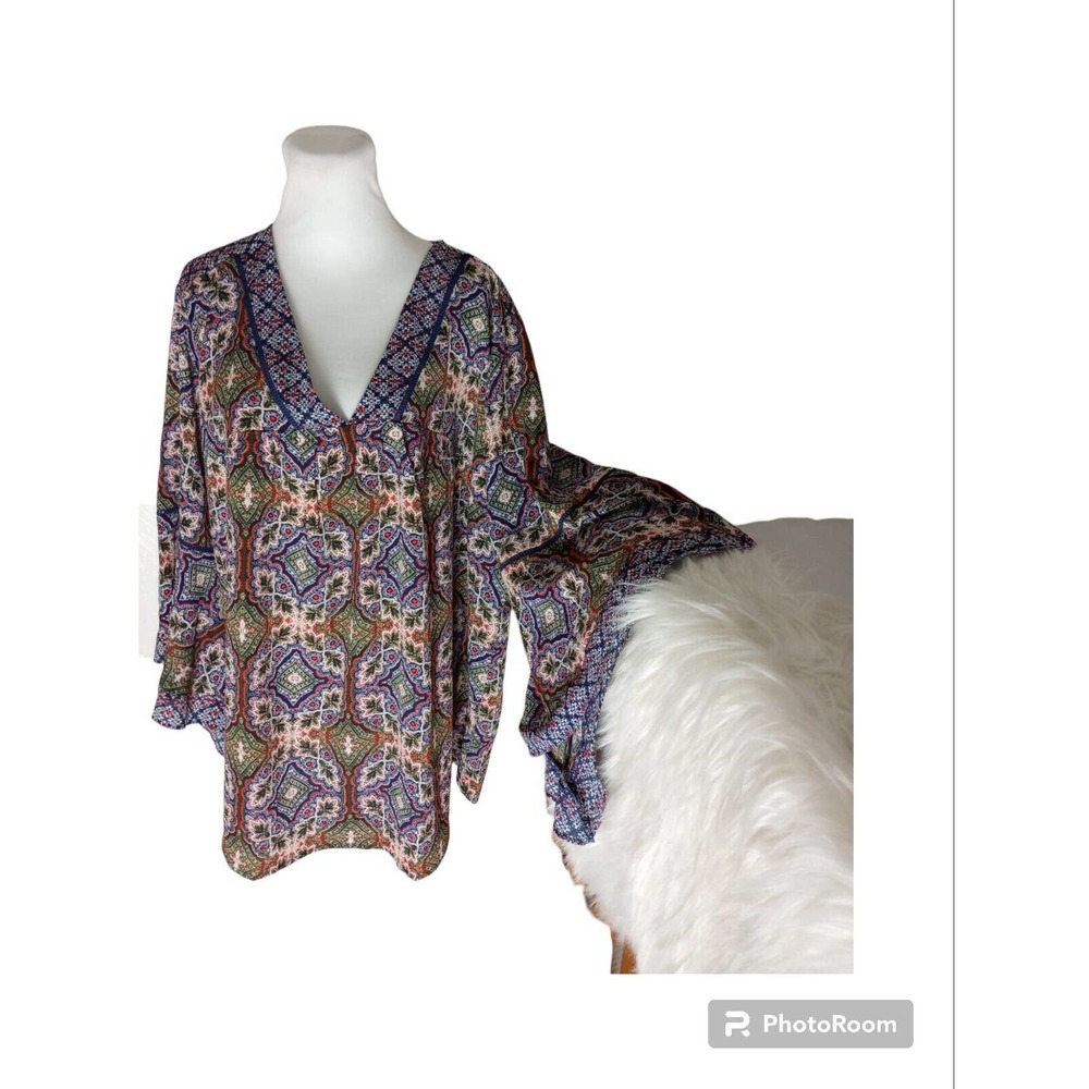 Ny Collection SZ 3X v-neck top blouse multicolor blue Green Paisley Bell Sleeve
